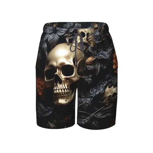 Boys Swim Trunks Beach Board Shorts Summer Bathing Suits Teen Kids, Cool Death Skull Art Black