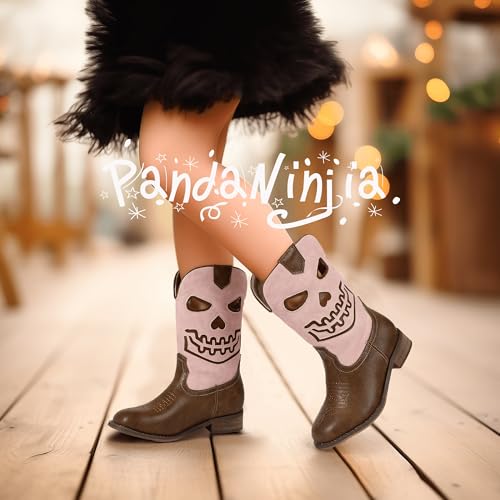 PANDANINJIA Girls Cowboy Boots For Boys Kids Toddler Western Mid Calf Cowgirl Boots Riding Shoes With Halloween Skull Element Booties2