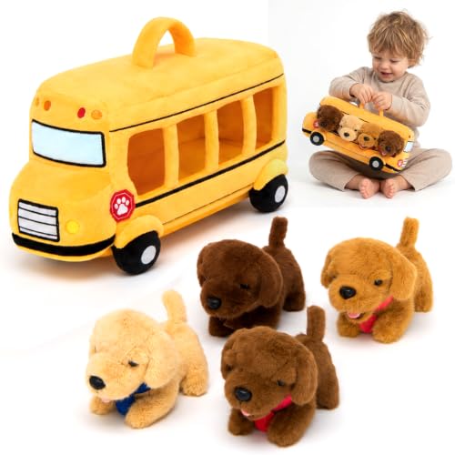 Image of OUOZZZ Dog Stuffed Animals Set with Plush School Bus, 5-Piece Puppy Toys | 4 Golden Retriever Stuffed Animals, Kindergarten Toys, Travel Toys for Kids