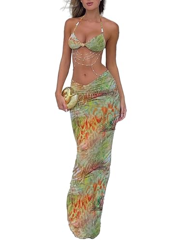 Women's Two Piece Maxi Skirt Sets Summer Beach Sexy Ruched Backless Pearls Chain Decor Crop Top and Cut Out Skirt Dark Green
