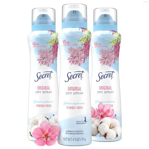 Secret Dry Spray Antiperspirant Deodorant for Women 48hr Weightless Sweat & Odor Protection Gentle on Skin Powder Fresh Scent 4.1 oz (Pack of 3)