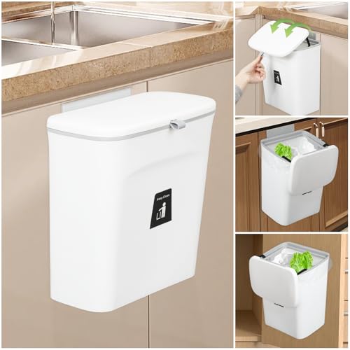MUGYPYR Komposteimer für Küche, 9 l Mülleimer, Arbeitsplatte oder unter der Spüle, hängender kleiner Mülleimer mit Deckel für Badezimmer/Schlafzimmer,Komposteimer für den Innenbereich (weiß) (White)