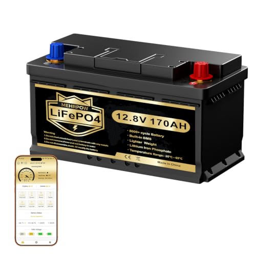 LiFePO4 12V 170Ah Lithium Batterie mit Bluetooth, 150A BMS und Niedrigtemperatur-Schutz, über 15000 Ladezyklen, 2176Wh Deep-Cycle Akku für Wohnmobil, Boot, Camping, Solaranlage und Off-Grid Systeme