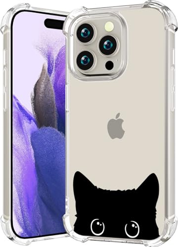 CCFUNCASE Funda compatible con iPhone 15 Pro, transparente, bonita para mujer, fundas resistentes para teléfono, funda protectora de piel (animales con orejas de gato negro)