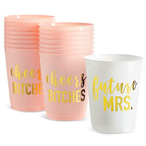 BLUE PANDA Bachelorette Party Cups - 16 Pack, 16 Oz, Pink & White Reusable Plastic for Bachelorette Party Supplies & Favors, Bridesmaid Cups, Gold Foil Cheers & Future Mrs Script