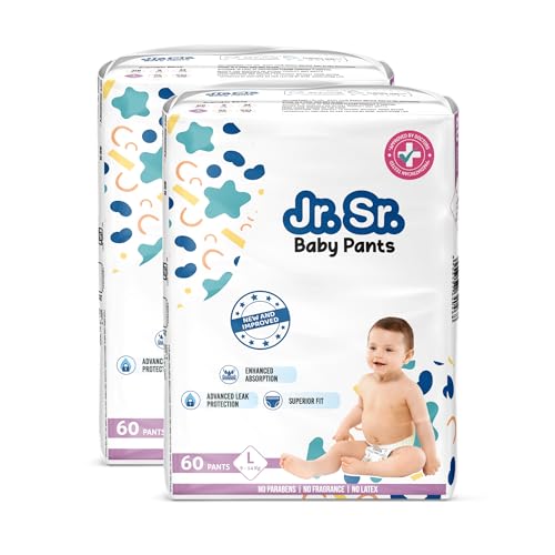 Image of Jr. Sr. Baby Diaper Pants | Large (L) Size (9-14 kg), 120 Count | Pack of 2 | Upto 12 hr Absorption with Advanced Leak Protection | Safe For Babies Skin | Soft, Secure & Comfy