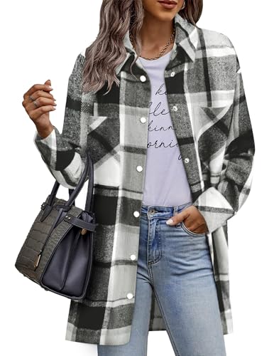 HOTOUCH Fall Jackets for Women Shacket Long Sleeve Heavier Weight Jacket Casual Checked Shirts Tartan Outerwear Tops Black S