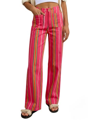 Tankaneo Womens High Waisted Striped Jeans Color Block Stretchy Straight Leg Baggy Y2k Trendy Casual Cotton Denim Pants Rose Red