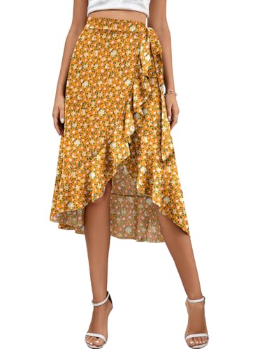 Image of LYANER Women's Boho Floral Print Wrap Front Self Tie Knot Ruffle Hem Split Midi Skirt