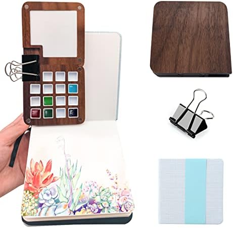 Mini Watercolor Palette,Travel Watercolor with Lid,Wooden Colour Palette Box for Painting Gift for Painters 15 Grids Box - Gift a Clip,Pocket Watercolor Book,Mini Sketchbook