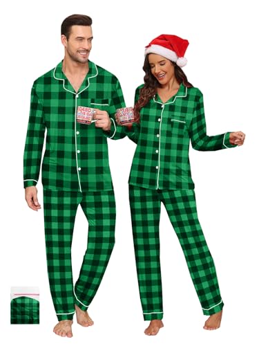 YOPUGEE Matching Couple Christmas Pajamas Set Fall Long Sleeve Modal Pj Set Button Down Lounge wear Black&Red Plaid XL