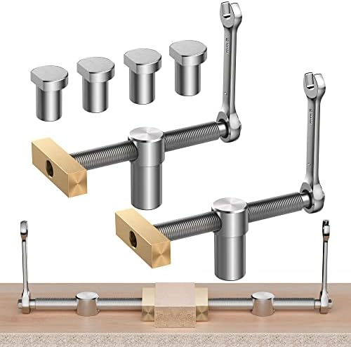 DAYDOOR Bench Dog Clamp with 4 Pack Bench Dogs for 3/4"(19mm) Dog Holes Adjustable Stainless Steel Brass Desktop Clips for Woodworking, Pack of 2