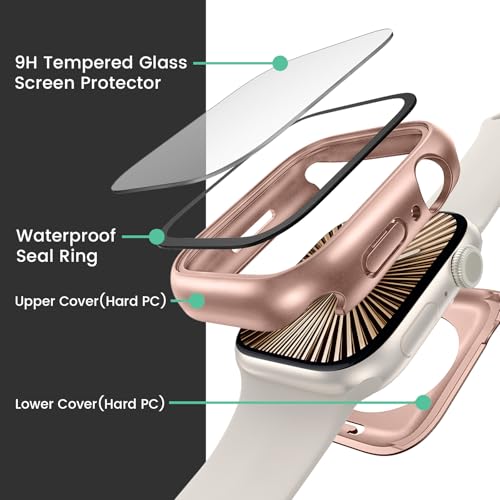 Image of 3 in 1 Goton Waterproof Hard Case for Apple Watch Screen Protector 46mm, 360 Slim Full Protective Tempered Glass Face Cover + Back Hard PC Bumper for iWatch Series 11 /10, 46mm Rose Gold