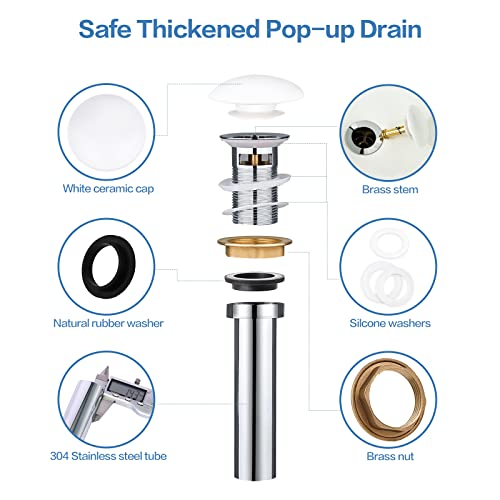Davivy White Ceramic Pop Up Drain With Overflow,Bathroom Sink Drain,Vanity Sink Drain,Vessel Sink Drain With Overflow,Pop Up Drain Stopper For Bathroom Sink, Fits Standard American Drain Hole #TOP3