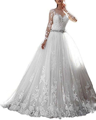 Thrsaeyi Women's 2019 Lace Wedding Dresses Bridal Gowns Long Sleeves Ball Gowns White,6