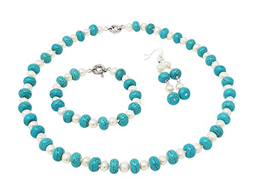 Preisvergleich Produktbild TreasureBay Damen Halskette, Armband und Ohrringe Süßwasserperlen Türkis / Weiß