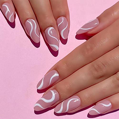 RikView Press on Nails Medium Length Almond Nails Press on Pink Nails Glossy Fake Nails Press on Full Cover Acrylic Nails (Almond1)