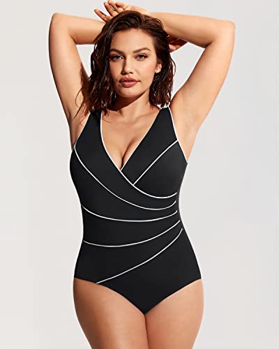 DELIMIRA Fato de Banho Emagrecimento Feminino Maiô One Piece Piping Plus Size Preto G5