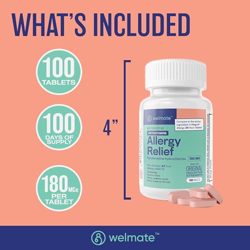 WELMATE | Allergy Relief | Fexofenadine HCl 180 mg | 24 Hour Non-Drowsy Antihistamine | Sneezing | Runny Nose | Itchy Eyes, Nose & Throat | Allergy Relief Tablets | 100 Count - Thumbnail 5