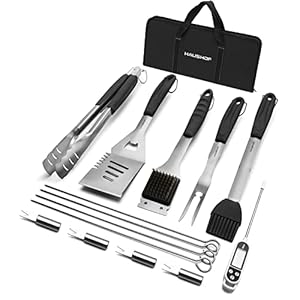 HAUSHOF Large Grilling Accessories, BBQ Grill Set, Heavy Duty Stainless Steel Barbecue Utensils with 16-1/2″ Spatula, Brush, Fork, Tongs, Skewers, Thermometer, Bag, Ideal Gift, 15PCS
