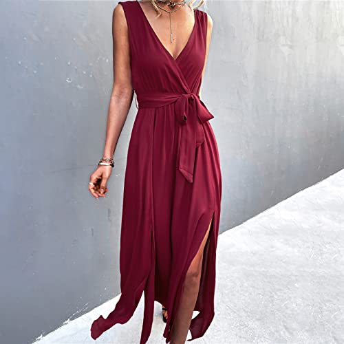 Vestidos de verão femininos Euone, vestidos maxi de verão para férias sem mangas com cadarço plissad