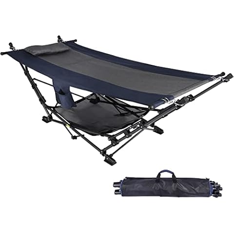 RedSwing Portable Hammock with Stand, Freestanding Hammock with Collapsible Steel Stand for Outdoor Yard Beach, Foldable Hammock with Removable Pillow and Storage Net, 264lbs Capacity (Grey and Blue) Cover