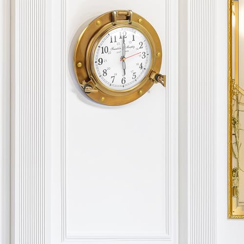 Nagina International Antique Brass Nautical Porthole Clock with Franklin Murphy's Analog Beautiful Clock Face Maritime Decor (Antique Brass)