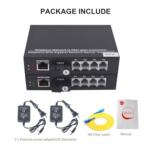 Image of 4 Channel POTS Telephone Gigabit Ethernet Over Fiber Optic Media Converter Extender SC /UPC Singlemode Single Fiber up 20Km,Support Called id Ring and Fax No Delay A Set