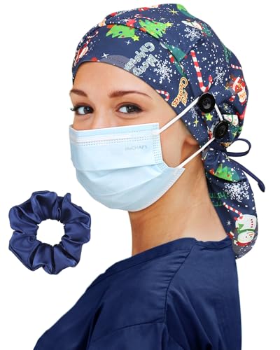 Image of Satin Lined Scrub Cap for Women Extra Large Long Hair Surgical Nurse Cap 4 Buttons