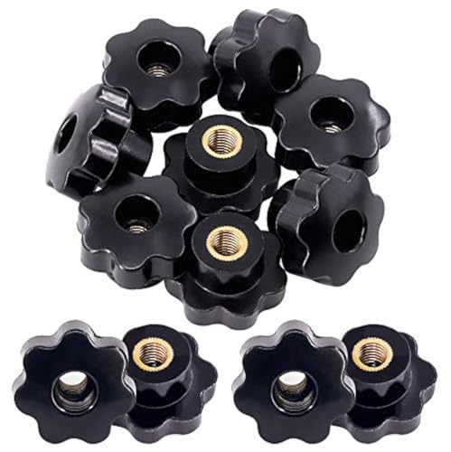 Mardatt 15Pcs M10 Star Knob Clamping Handle Nut Through Hole Set Brass Female Threaded Handle Screw On Knob Grip Black Plastic