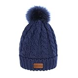 OMECHY Women's Winter Knit Hat Trendy Slouchy Beanie With Warm Fleece Lining Skull Chunky Soft Thick Cable Ski Cap, Navy Blue