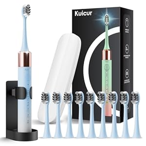 Sonic Electric Toothbrush for Adults and Kids, Comes with 10 Brush Heads & Travel Case, 5 Modes with 2 Minutes Built in Smart Timer, One Charge for 90 Days, 42,000 VPM Motor (Blue and White)