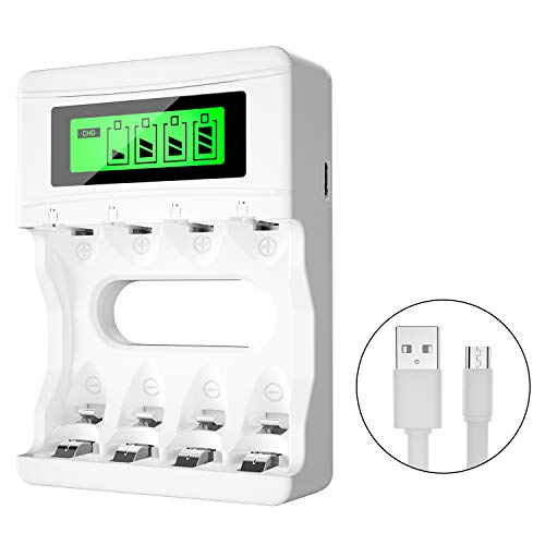 BONAI Chargeur de Piles Rapide, Chargeur Universel pour AA/LR6, AAA/LR3, Ni-MH/Ni Batterie 4 Compartiments avec Écran LCD