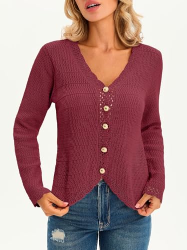 Image of Saodimallsu Womens V Neck Cardigan Sweaters Button Up Cropped Boho Knit Long Sleeve Loose Trendy Sweater Tops