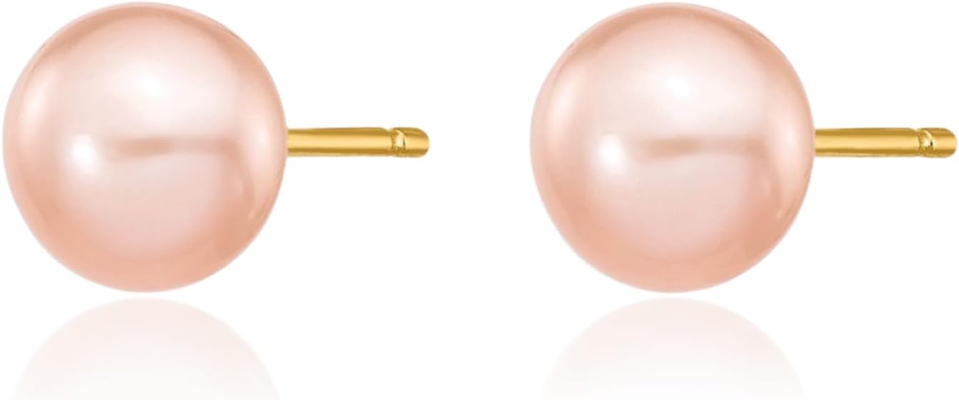 IceCarats 14K Solid Yellow Gold 6mm Freshwater Pink Pearl Medium Button Stud Earrings Prong Set, Butterfly Back For Her