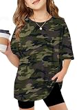 Arshiner Girls Camo Shirts Short Sleeve Casual Oversized Tops for Girls Casual Crewneck Soft Kids Camo Clothes 11-12 Years