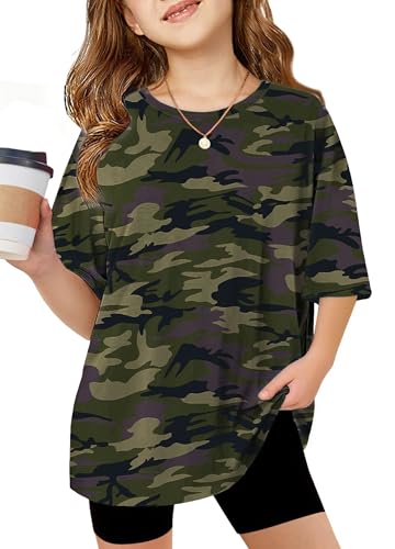 Arshiner Girls Camo Shirts Short Sleeve Casual Oversized Tops for Girls Casual Crewneck Soft Kids Camo Clothes 11-12 Years