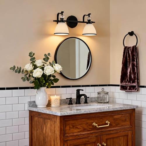 ANDY STAR Bathroom Lighting Fixtures Over Mirror, 2-Light Matte Black Vanity Light with Frosted Glass, Anti-Rust Metal Framed Bathroom Wall Lamp Sconces for Mirror Bedroom, Living Room Hallway by ANDY STAR - Used condition - Image 4