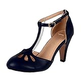 Chase & Chloe Kimmy-36 Women's Teardrop Cut Out T-Strap Mid Heel Dress Pumps,Navy,8