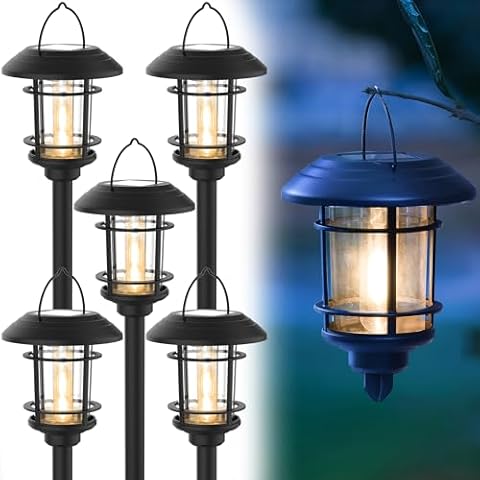 Dynaming 6 Pack Dual Use Solar Path Lights Outdoor, Hanging Lantern Solar Garden Lights with Edison Bulb, Landscape Lighting, Waterproof & Auto On/Off for Patio Pathway Walkway Driveway, Warm White Cover