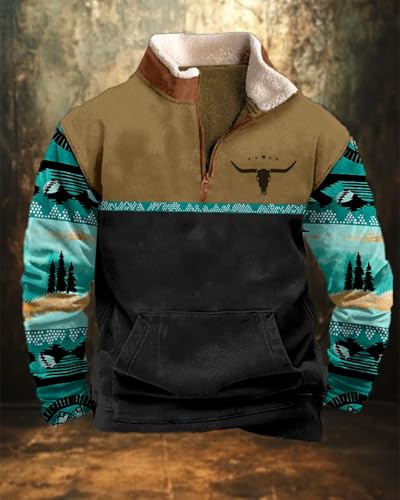 Western Aztec Sweatshirts for Men Country Fleece Jacket 1/4 Zip Long Sleeve Vintage Cowboy Hoodie Pullover with Pocket2
