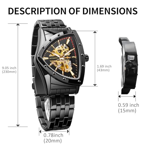 FORSINING Men's Skeleton Watch Automatic Mechanical Wrist Watch with Triangular Dial Luminous Automatic Winding Wristwatch Stainless Steel Bracelet or Soft Silicone Strap, sports
