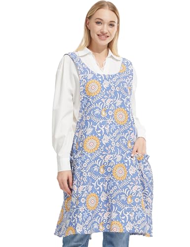 Image of Cozy Adjustable Cross Back Aprons for Women with Pockets Cotton Linen Cooking Kitchen Baking
