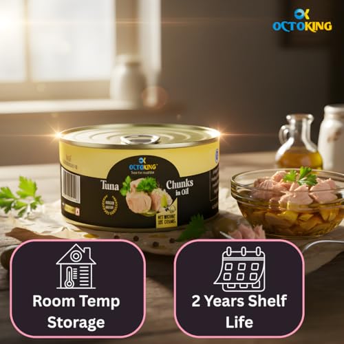 Image of Octoking Light Meat Tuna Chunks in Oil 185g (Pack of 3) | Premium Canned Tuna Fish | High Protein Ready-to-Eat | Rich in Omega-3 | High Protein Seafood | Ideal for Sandwiches, Salads, Pasta & Meals
