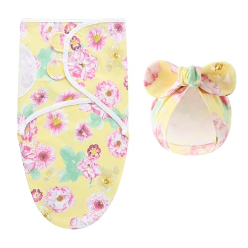 Image of Baby Swaddle Sleep Sack with Hat Set for 0-3 months 3-Pack Soft Cotton Newborn Wearable Swaddle Wrap for Girls Boys (Yellow Set)