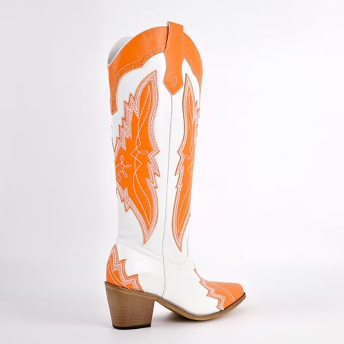 Richealnana Women's Western Cowgirl Knee High Boots Embroidered Cowboy Boots Chunky Heel Fashion Pointed Booties2