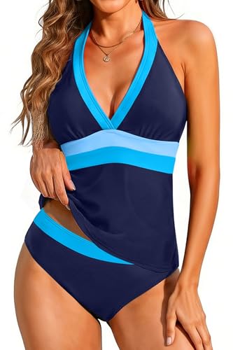 Image of Yonique Womens Two Piece Swimsuits Tummy Control Tankini Plus Size Bathing Suit Halter V Neck Swimwear