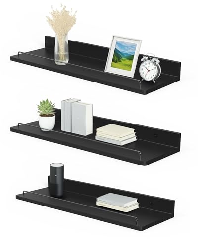 Jemyxhw Estanteria Pared Flotantes de Madera Juego de 3 Baldas Pared para Baño, Entrada Recibidor, Cocina, Salon 14x40 cm (Negro)