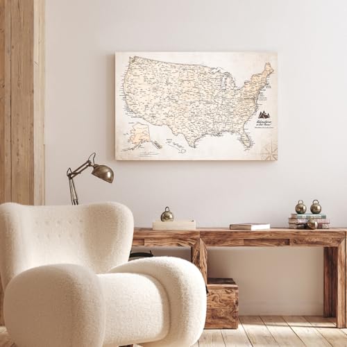 Image of IPIC - Vintage USA Map Pin Board Canvas Wall Art, Travel Map with Pins Included, Ready to Hang for Home or Office 24x16 Inch