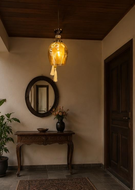 Image of kinis Amber Glass Pendant Light for Ceiling | Modern Hanging Lamp for Dining Room, Living Room, Kitchen Island, Bedroom, Cafe, Restaurant & Home Decor (Pack of 1, with Bulb)